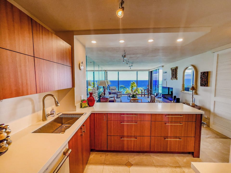 Beautiful new kitchen with sapele mahogany cabinets, white quartz counters.