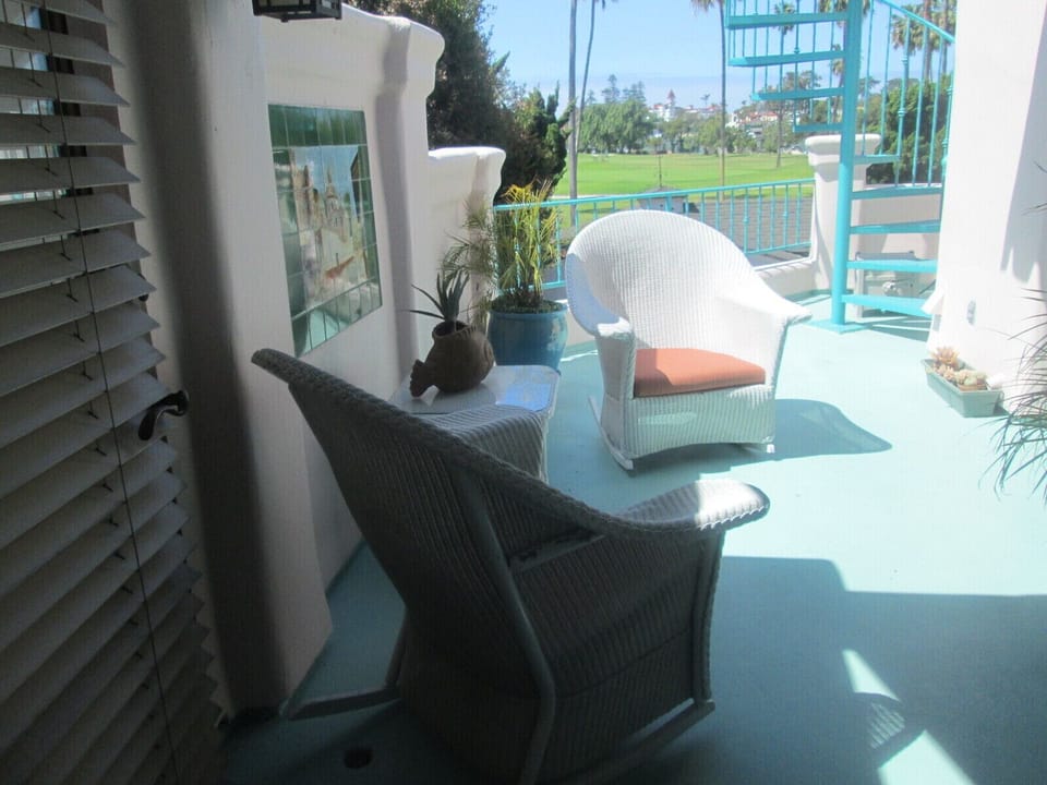 Upstairs seating with view of Hotel Del Coronado