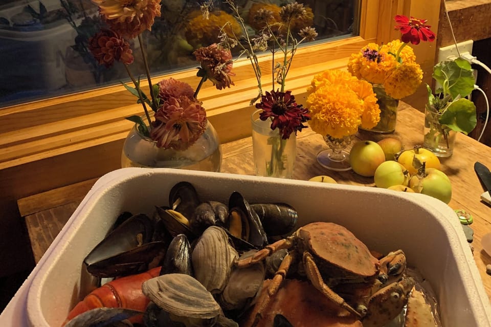 Kitchen - bountiful Lobster plate + clams, mussels & crab from nearby Hodgdon's!