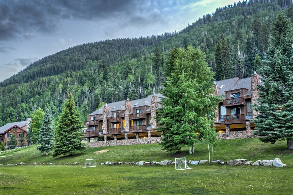 View of condo from Meadows.  Soccer, horseshoes and Volleyball in summer.