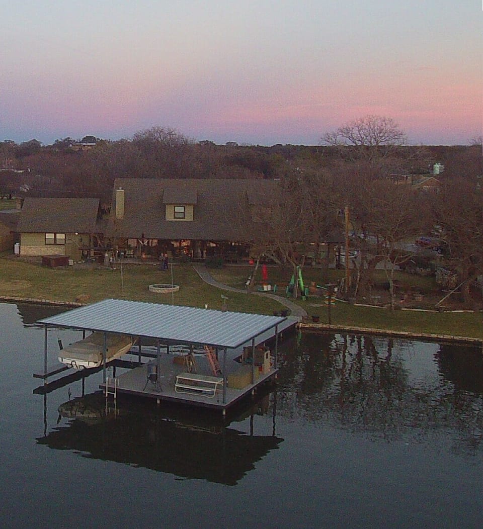 Drone view of our home and dock.