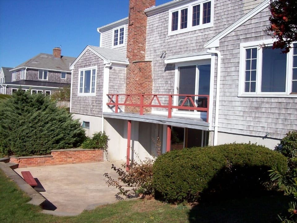 The patio at the rear of the house