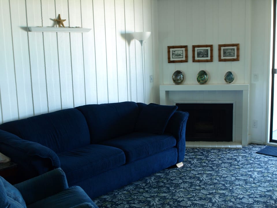 Living room, balcony is to left of fireplace.