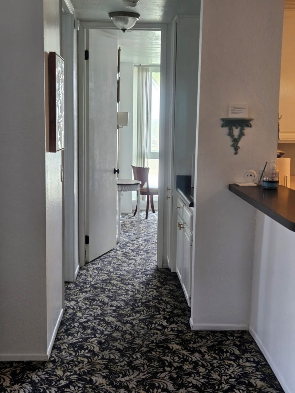 The hall separates the living and bedroom areas.