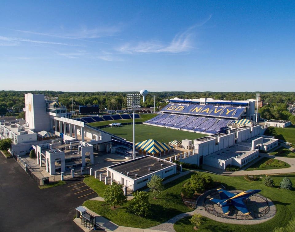 This picture is an aerial photo of the USNA Stadium.