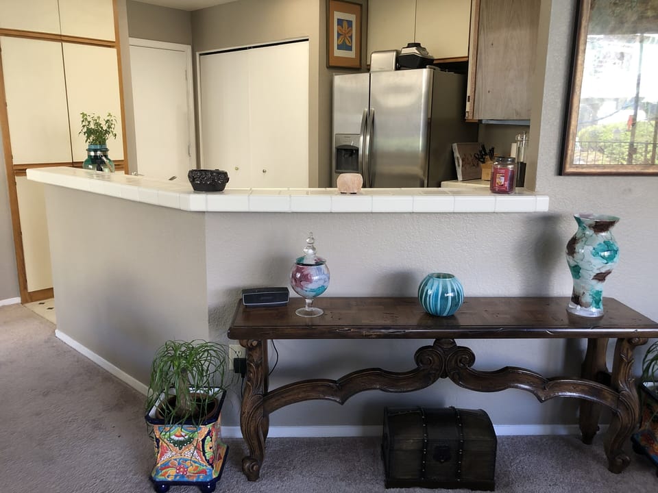 Living room view into kitchen , double doors cover washer/dryer
