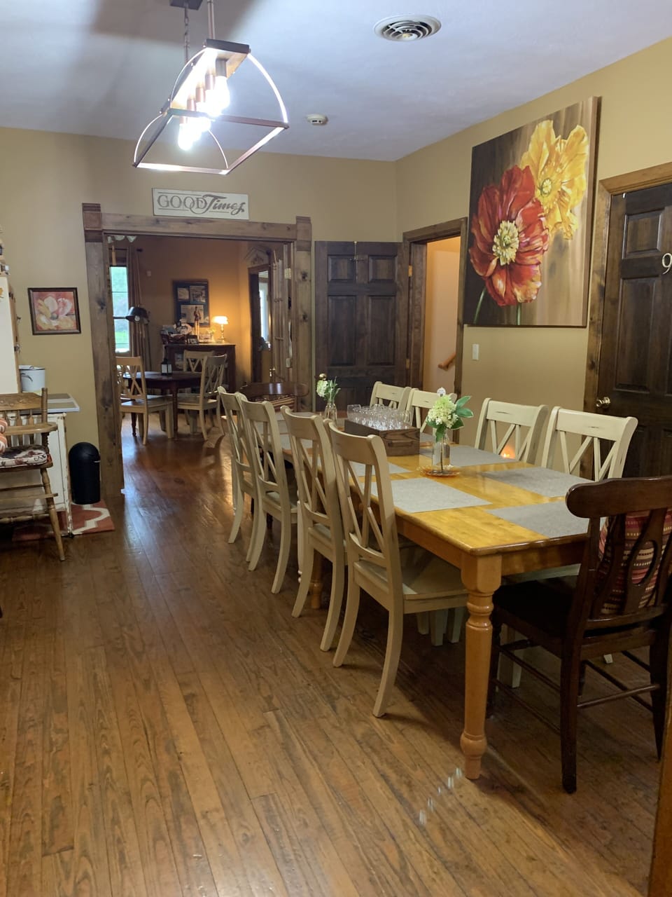 Dining room is located off two kitchens with French doors to patio area.  