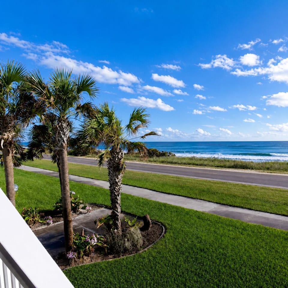 Bright coastal landscape steps from the beach