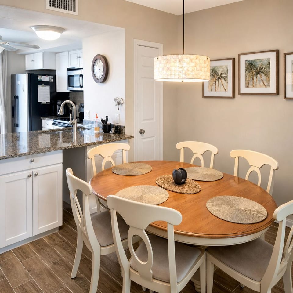 Inviting dining area with coastal warmth