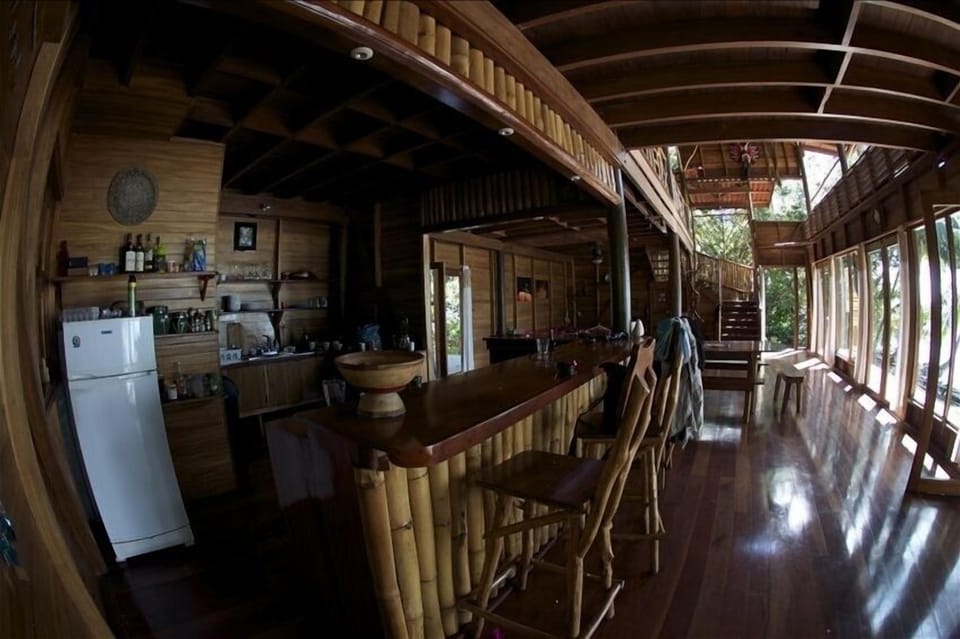 Fish eye view of the length of the downstairs area.