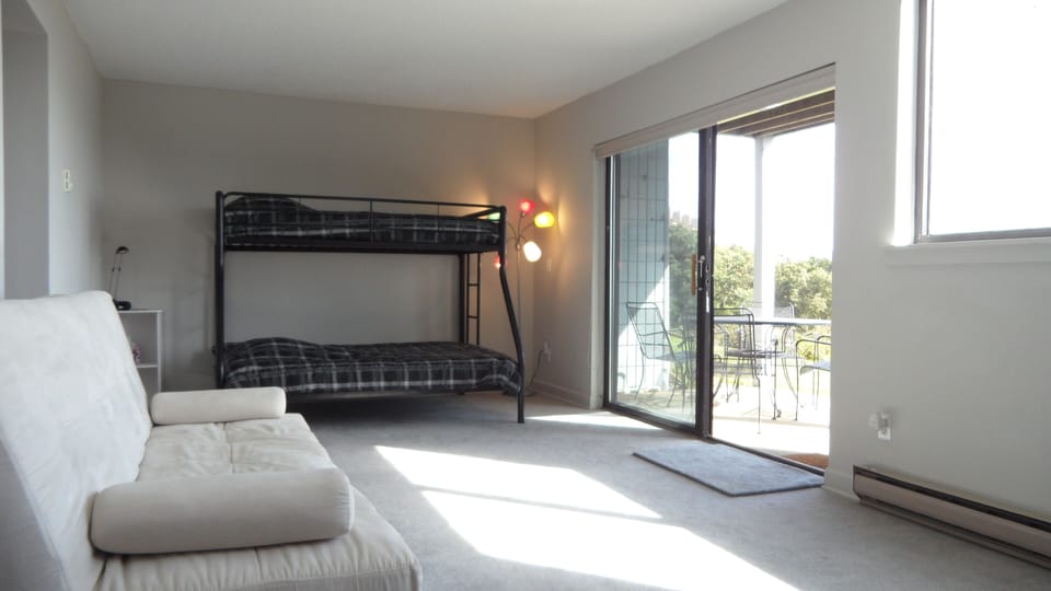 3rd bedroom on lower level, bunk bed (twin over full) and fold-out futon, patio