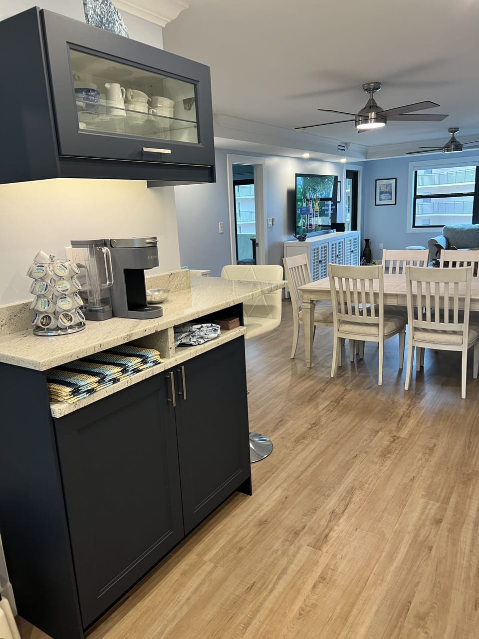 Coffee Counter complete with Keurig, Drip, and Tea Kettles
