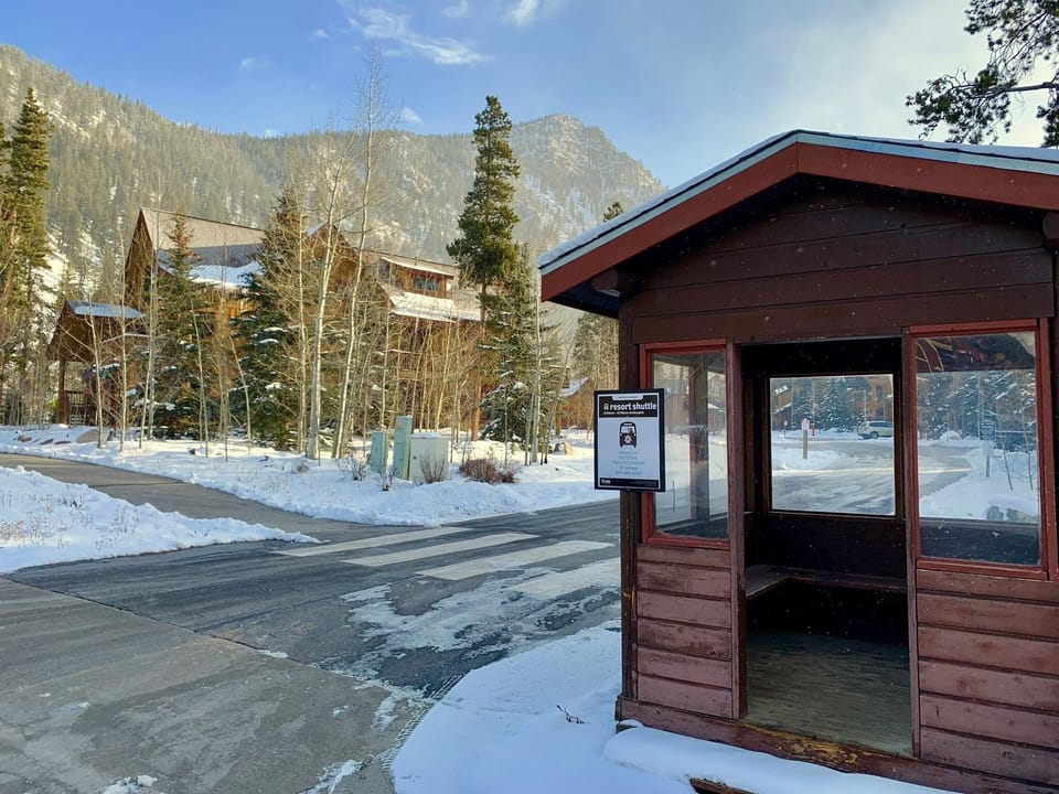 Shuttle stop for skiing is close to our townhome (seen in the background).