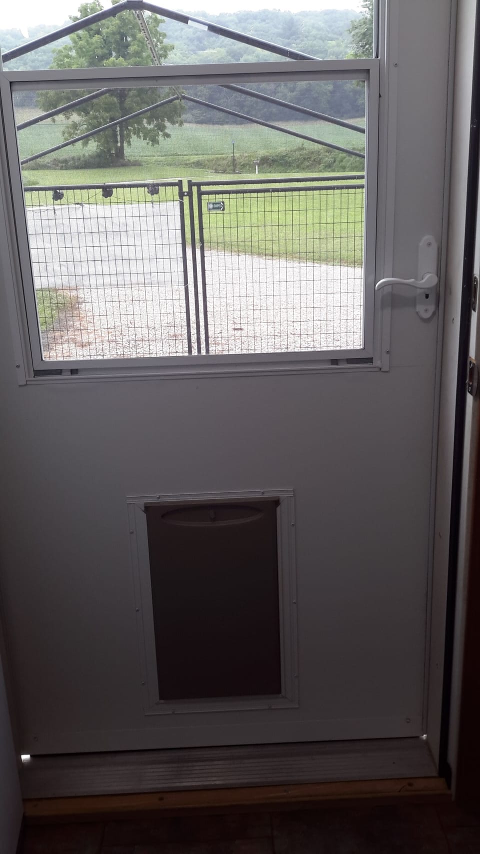 Dog door in storm door in laundry room leading to graveled pen.