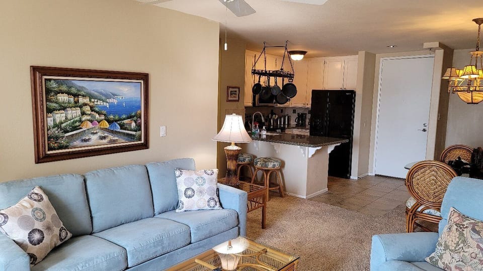 Looking to the kitchen and the front door from middle of the living room.