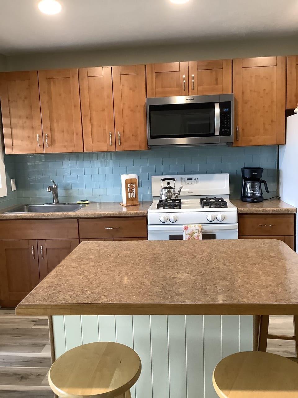 Our new kitchen with bamboo shaker cabinets.