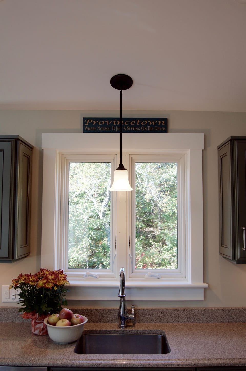 Beyond the kitchen sink the back of the unit views a beautiful forest area 