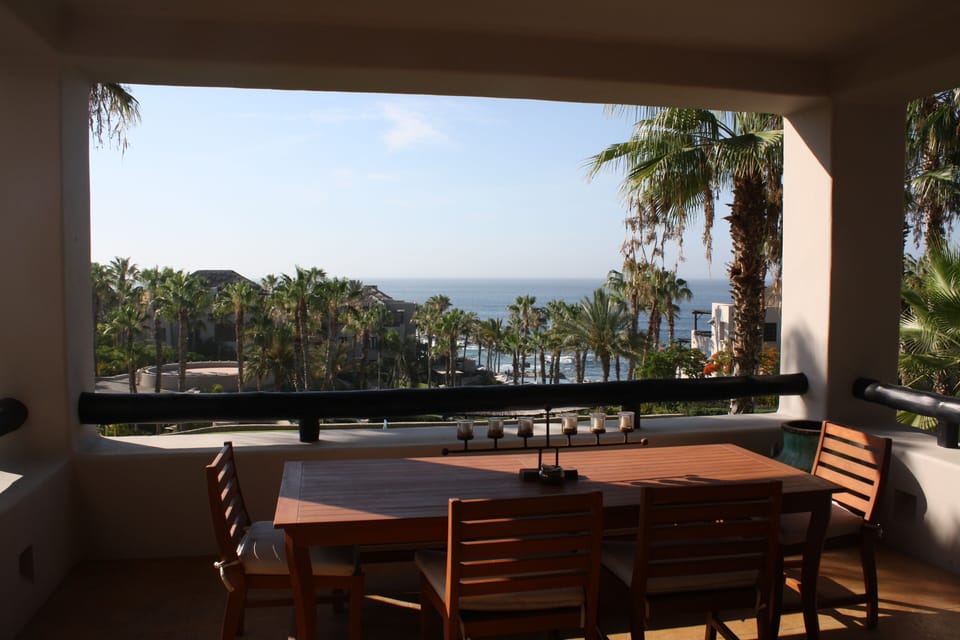 view from livingroom over dining on deck
