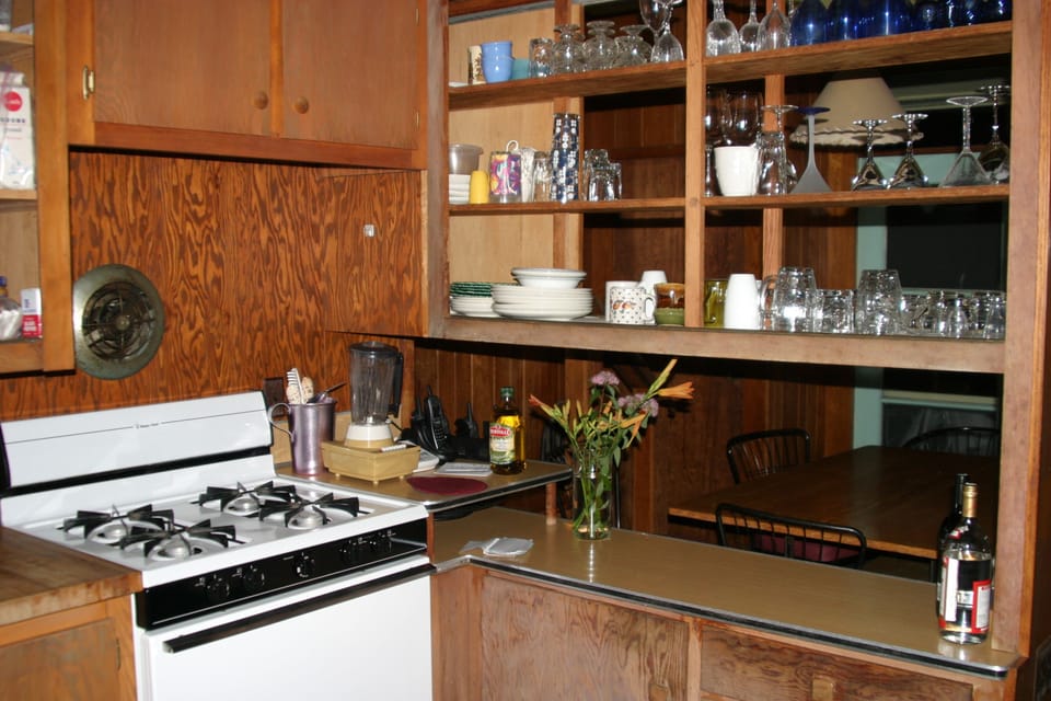 Kitchen looking out on dining area in the lower right corner. .