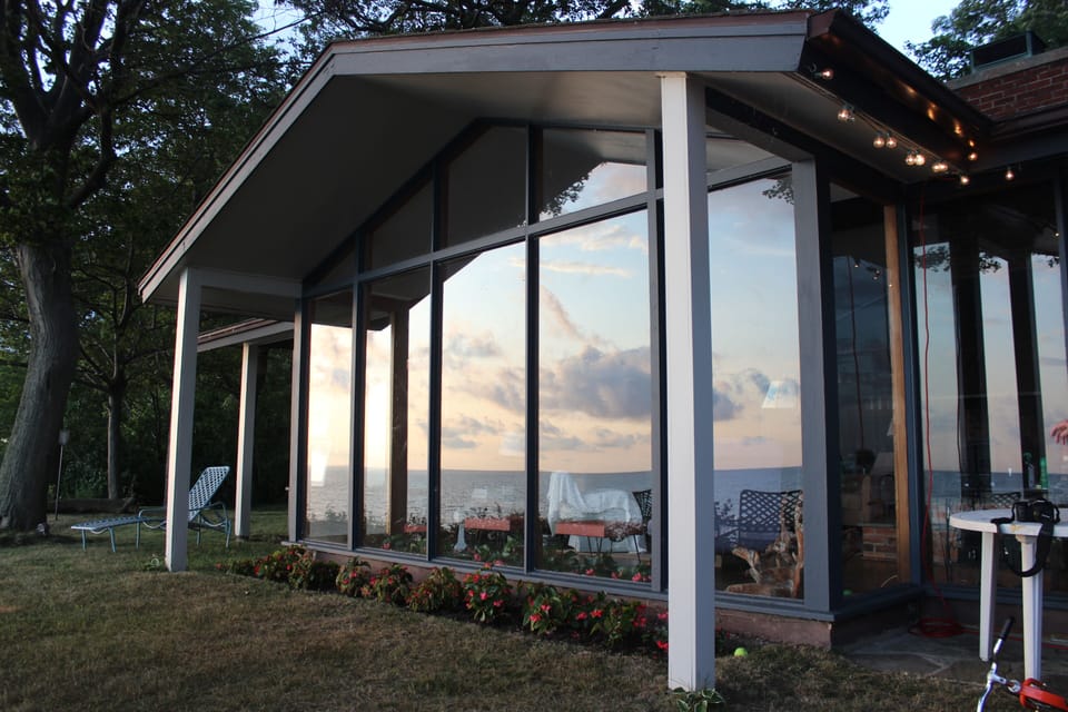 Front of the house from the terrace; master bedroom in the distance