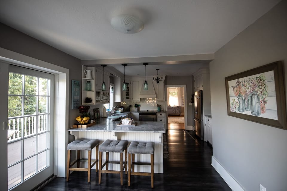 View of kitchen from the table.