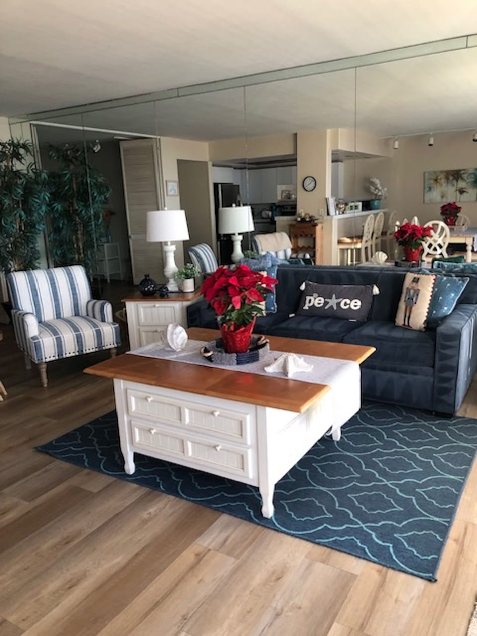 Lovdly living room with pull our queen couch. TV, games, books & amazing view