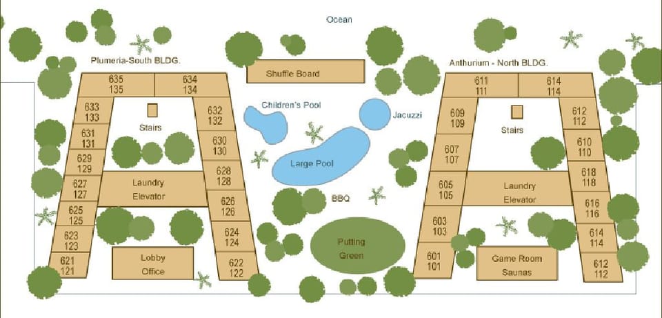 Building Layout - 628 over looks the pool area