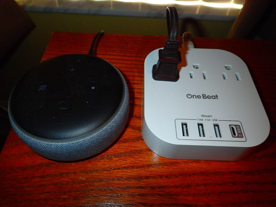 Amazon Alexa Dots and USB Power Strips in the bedrooms