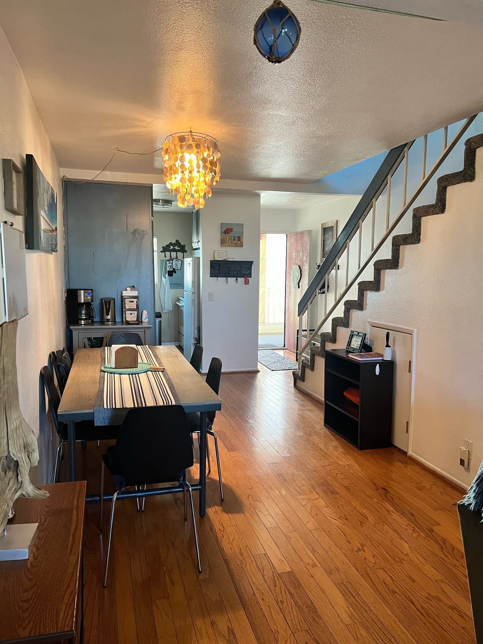 Dining area with 6 chairs.