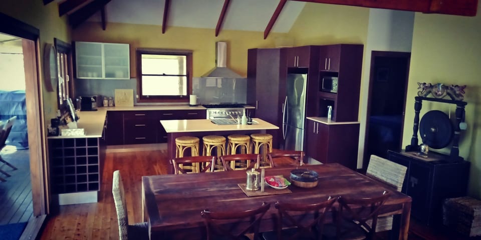 The dining and kitchen space. 