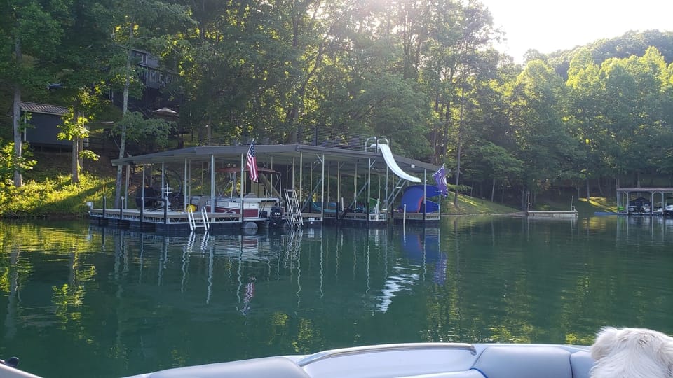 View of the new 3 slip dock with upper deck and slide