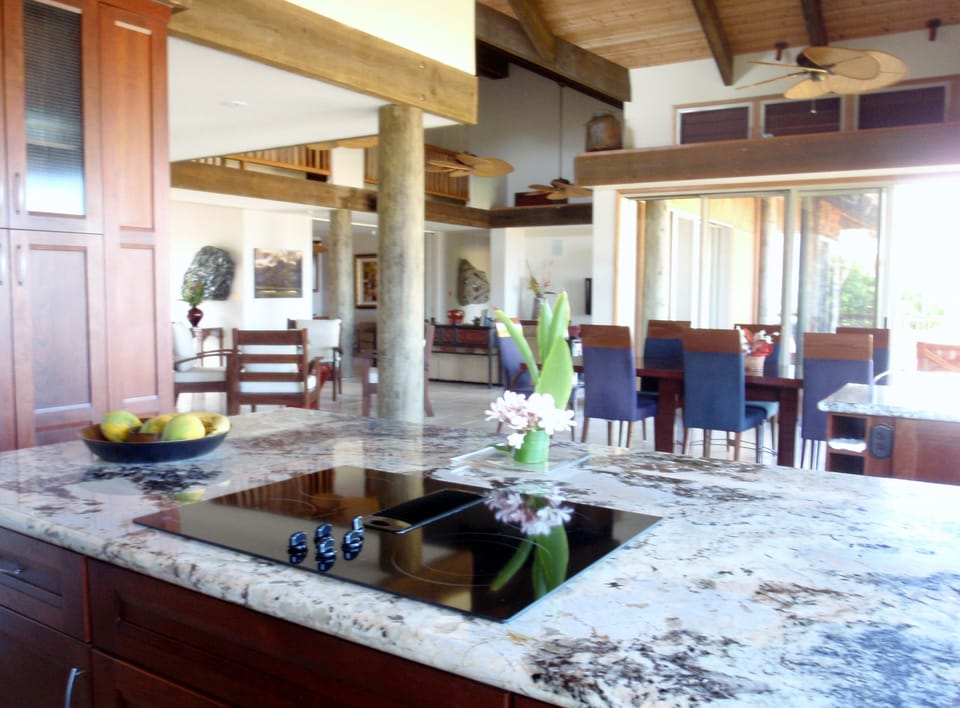 Gourmet open Kitchen with beach and ocean views.