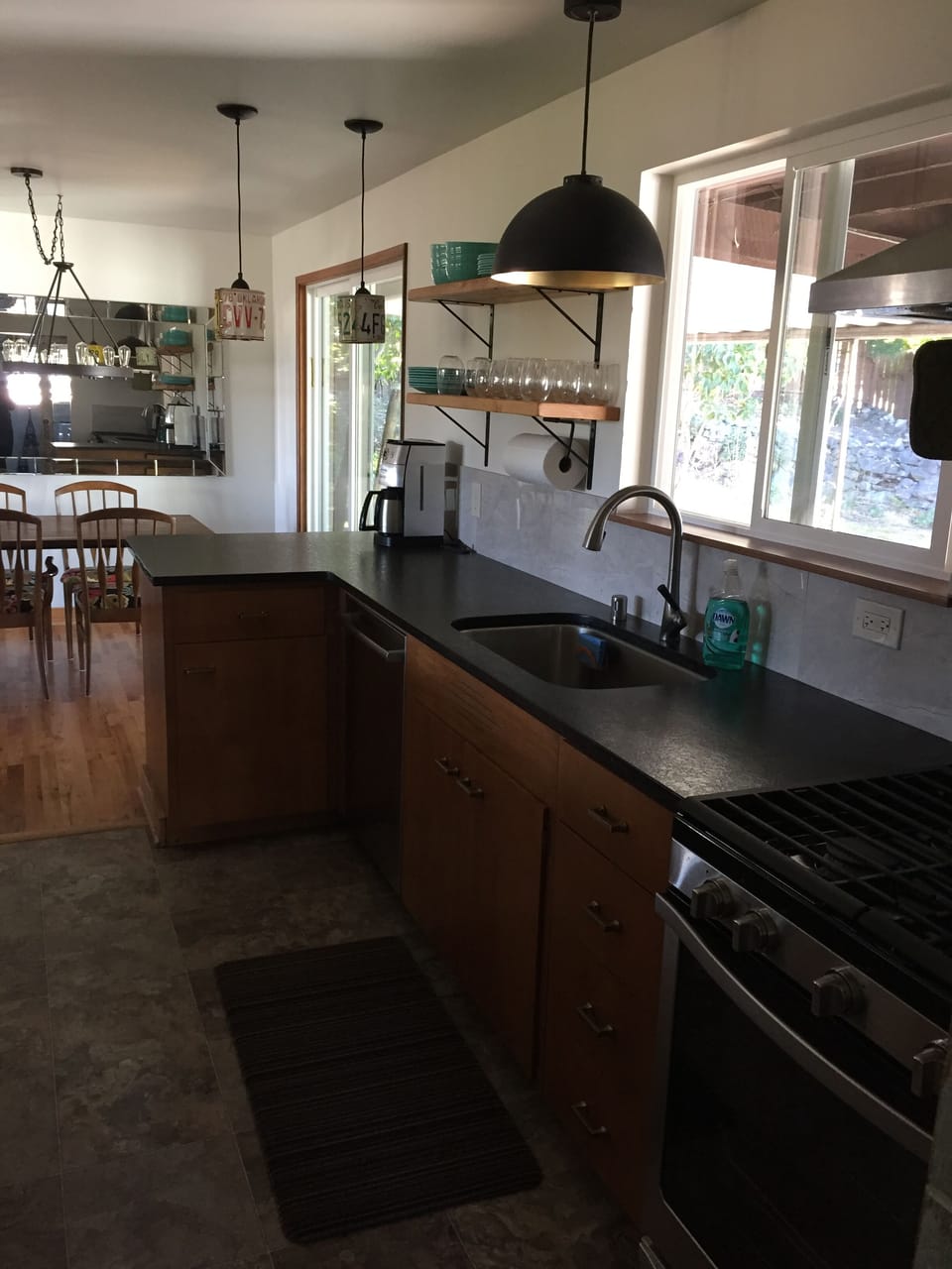 Kitchen with views to backyard 