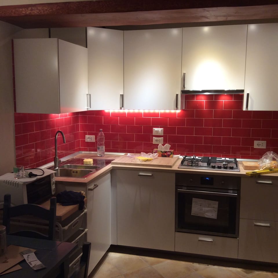 New kitchen: oven, dishwasher and large fridge.