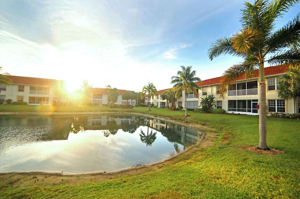 View from our lanai! Fountain at night. 
