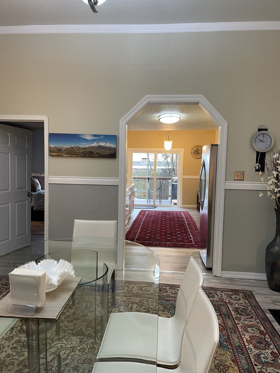 A view of the kitchen leading to the deck