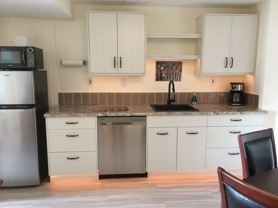 Kitchenette with microwave, coffee maker, kettle, toaster, fridge and dishwasher