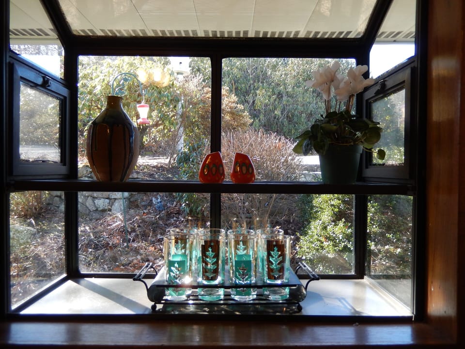 The beautiful view from the light-filled kitchen window where hummingbirds play.