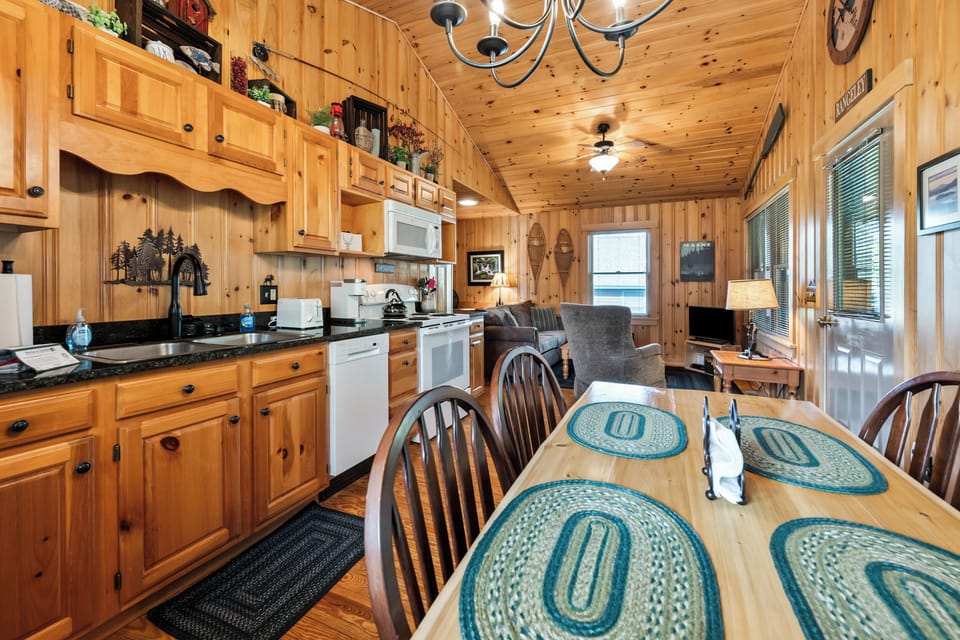 Kitchen, dining, and living area