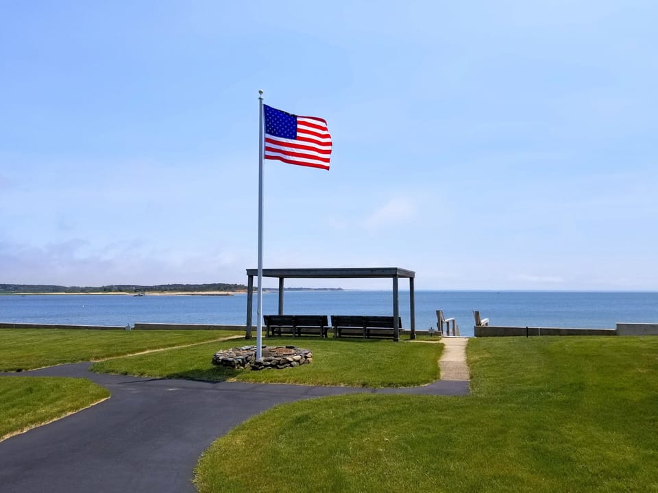 The beautiful grounds and the harbor beyond
