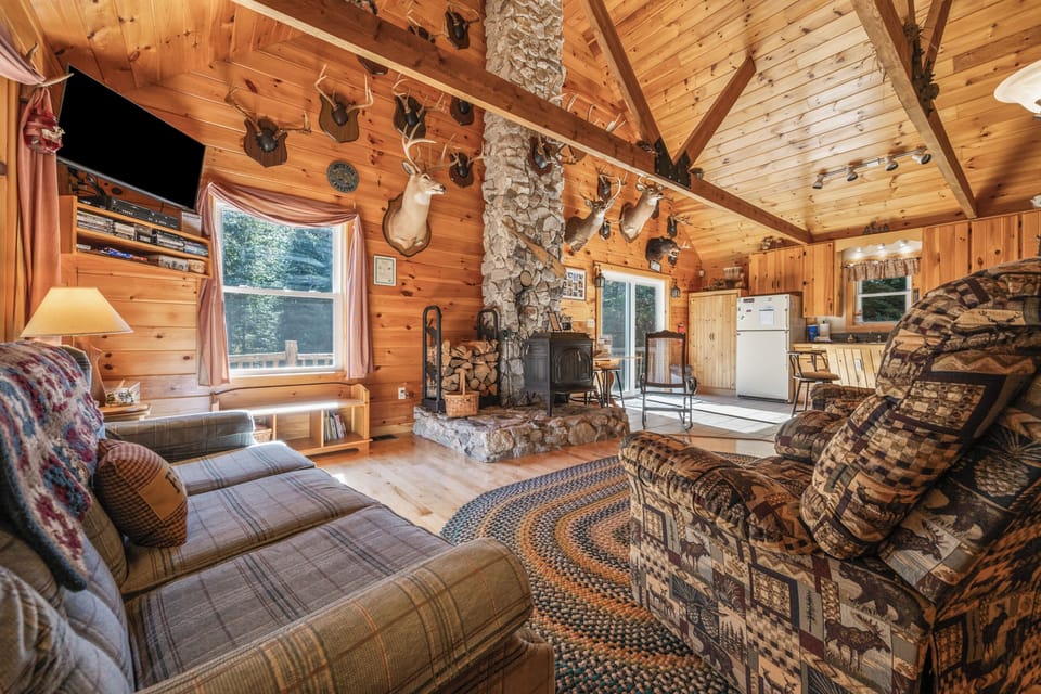 Spacious living area with wood stove