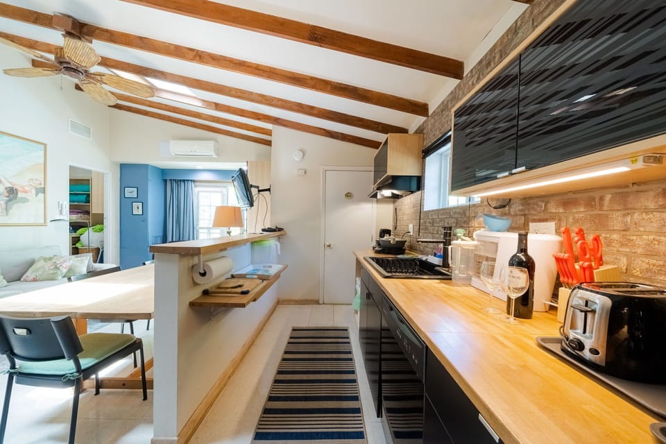 kitchen with fridge, dishwasher, 2 fast heating induction plates , toaster oven