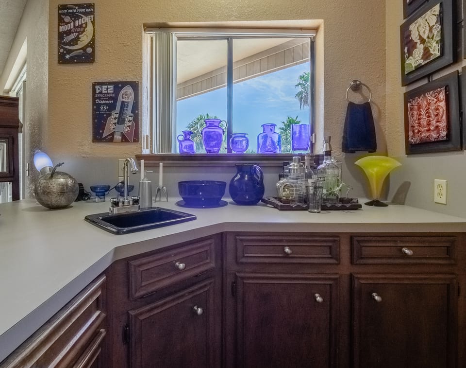 Wet bar with view of the lake