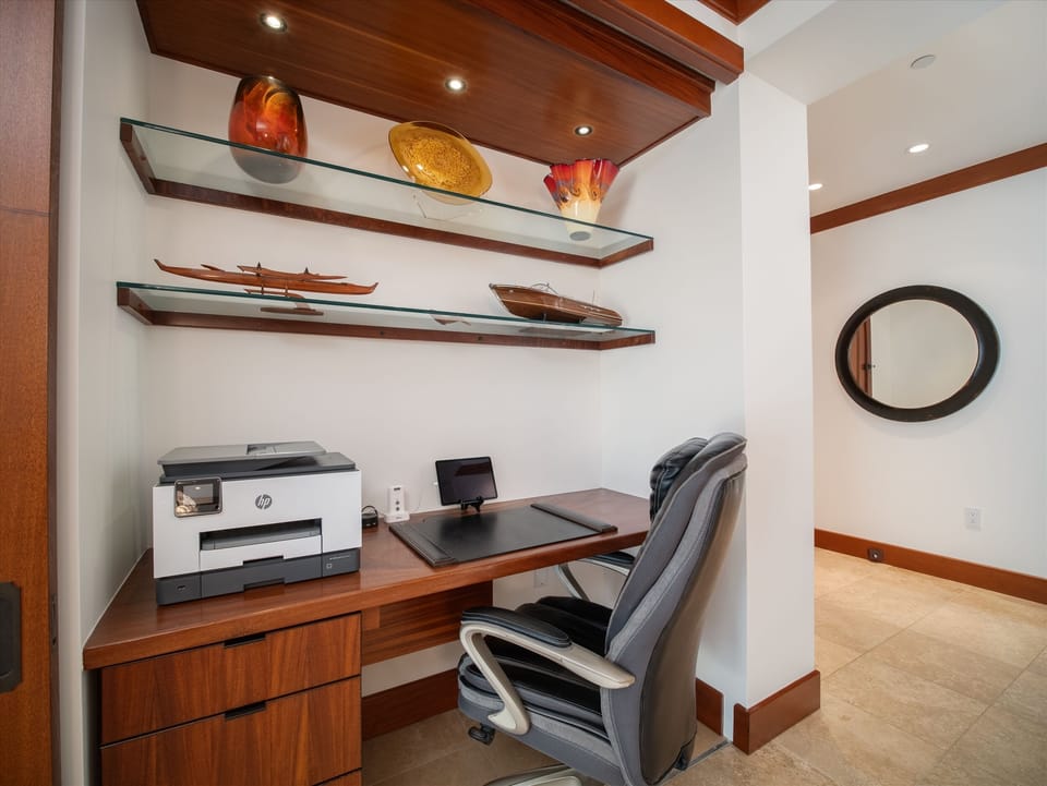 Chic Yet Functional Study/Office in the Great Room with Supplies and Printer