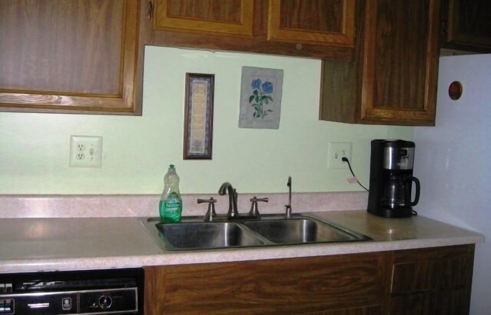 Sink area with dishwasher, coffee pot, and filtered water to refresh you.