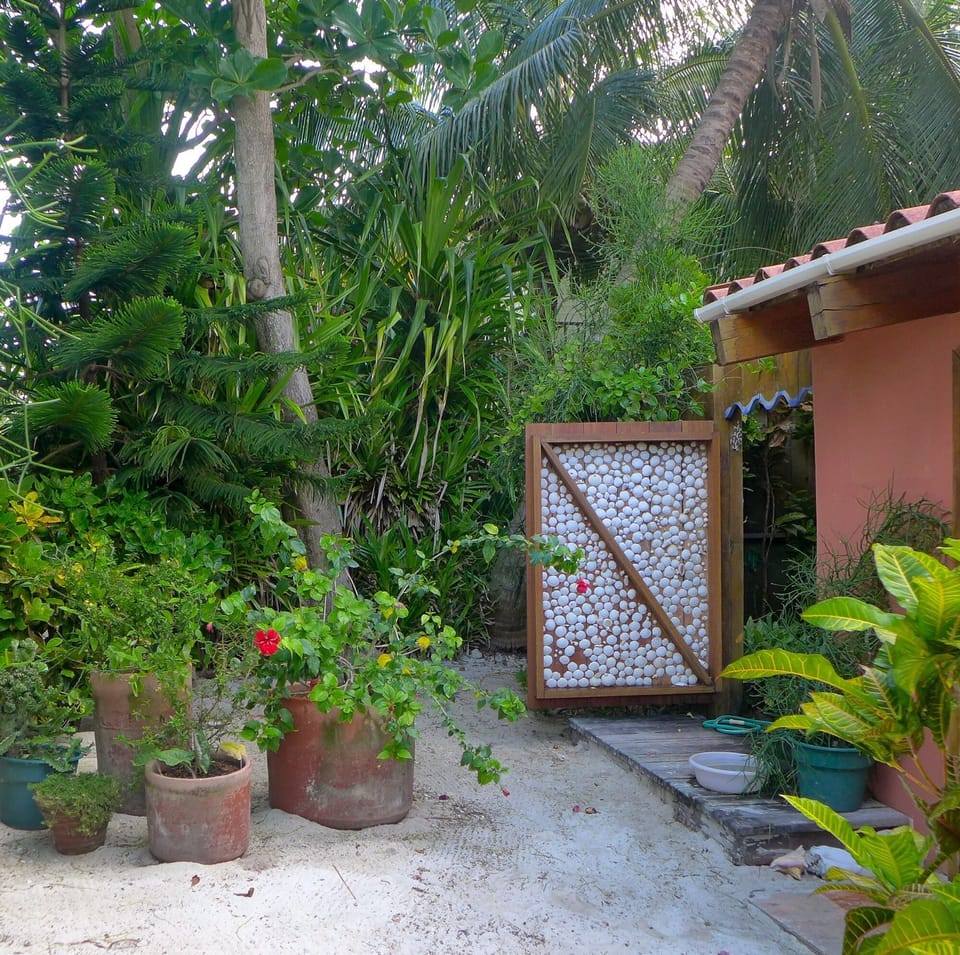 Shell door on our private garden outdoor shower