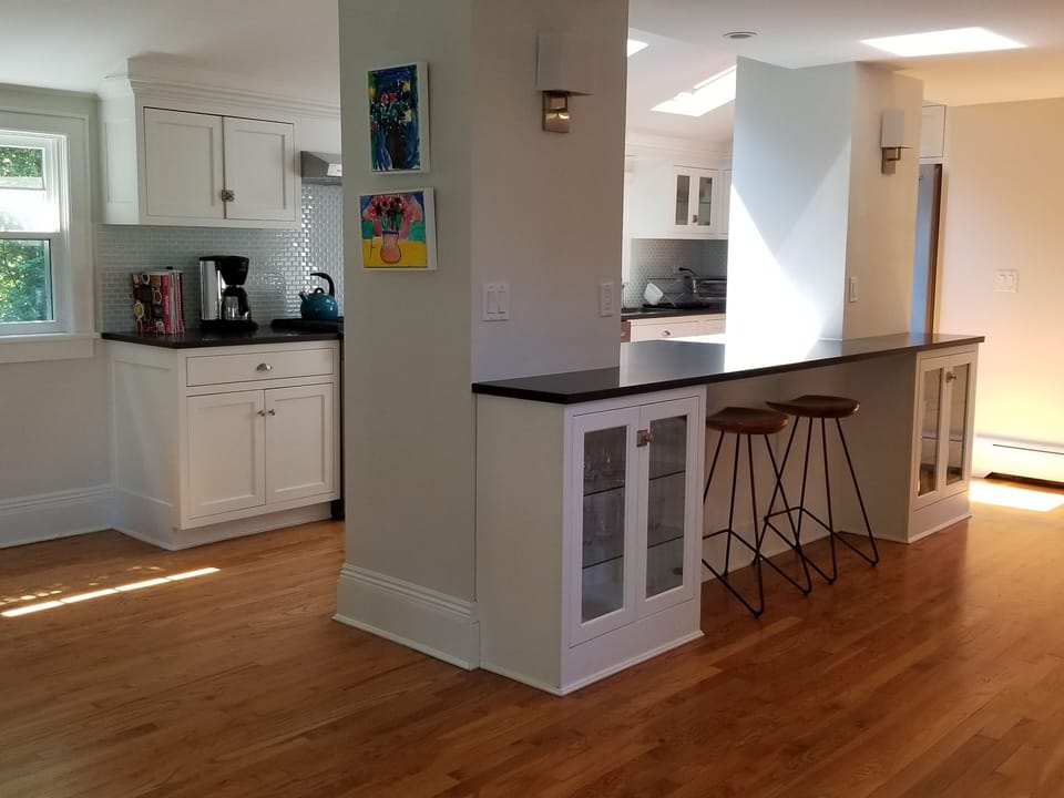 Spacious, bright, sun filled kitchen  with counter seating