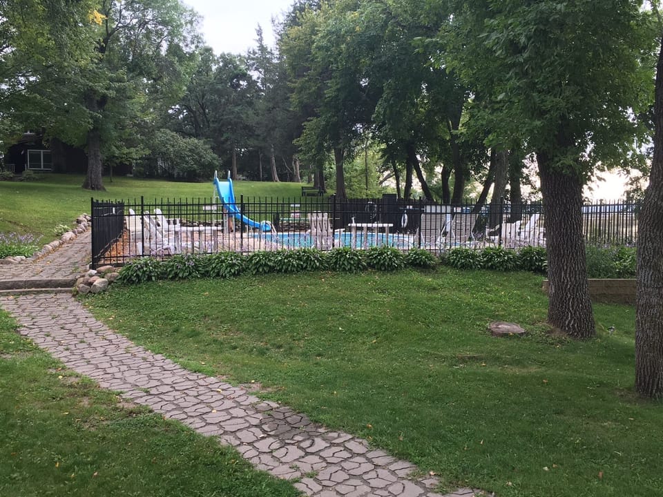 Heated pool as viewed from our deck. Open Memorial  Day to Labor Day.