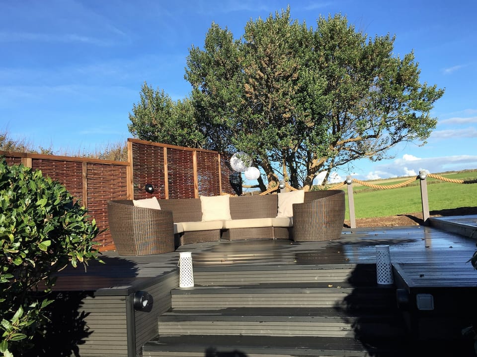 Raised Decking with views of the ocean and the countryside.