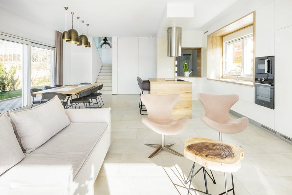 Living room, dining and kitchen area